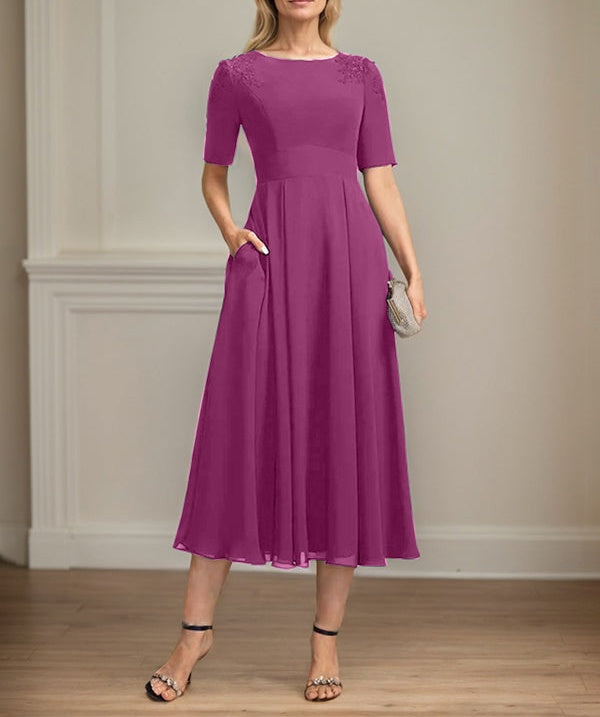 A-line Scoop Tea-Length Chiffon Mother of the Bride Dress With Appliques Lace Sequins