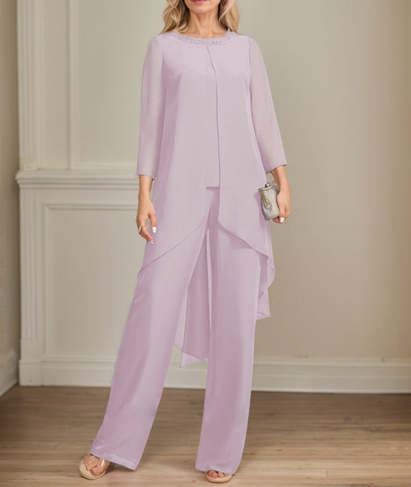 Separates Jumpsuit/Pantsuit Scoop Floor-Length Chiffon Mother of the Bride Dress With Sequins Beading