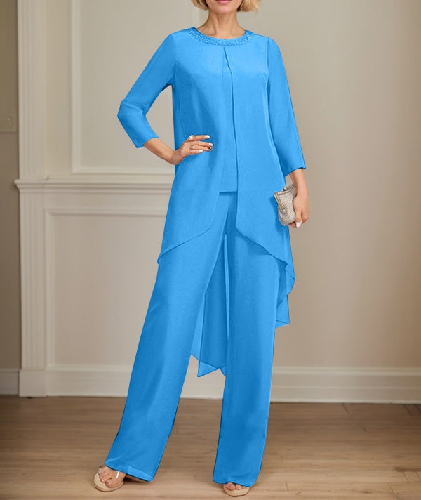Separates Jumpsuit/Pantsuit Scoop Floor-Length Chiffon Mother of the Bride Dress With Sequins Beading