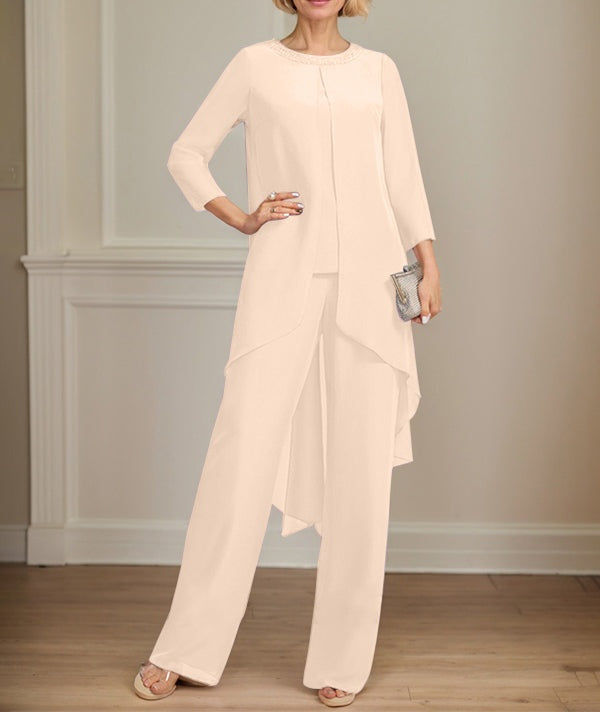 Separates Jumpsuit/Pantsuit Scoop Floor-Length Chiffon Mother of the Bride Dress With Sequins Beading
