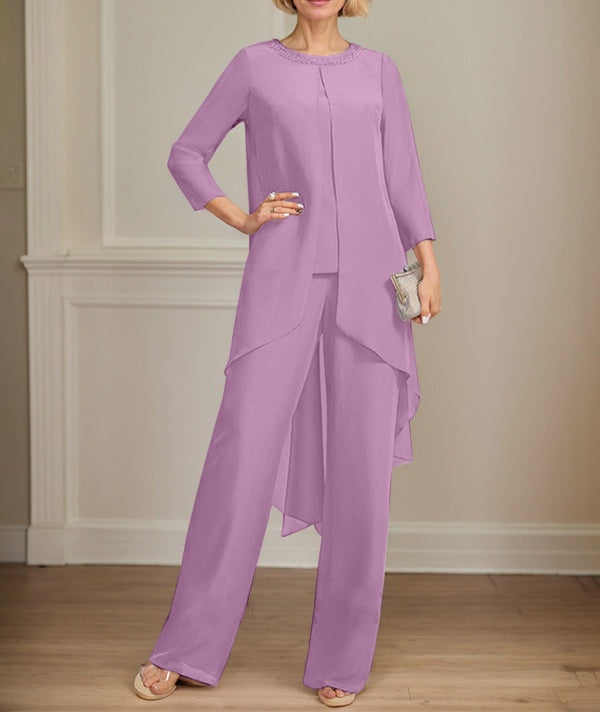 Separates Jumpsuit/Pantsuit Scoop Floor-Length Chiffon Mother of the Bride Dress With Sequins Beading