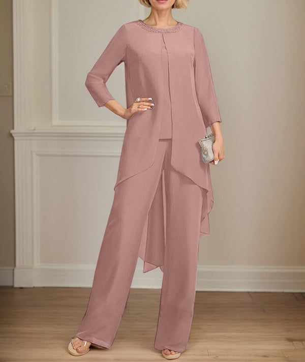 Separates Jumpsuit/Pantsuit Scoop Floor-Length Chiffon Mother of the Bride Dress With Sequins Beading
