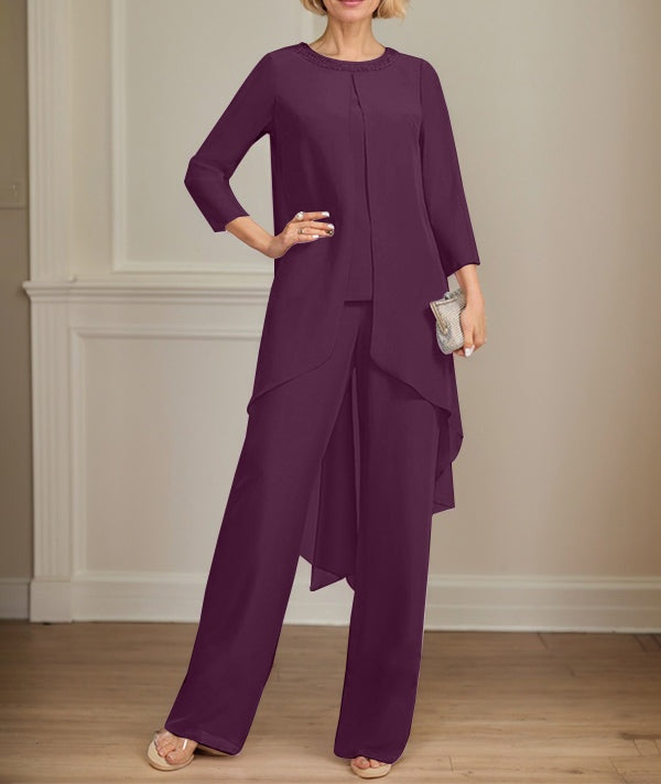 Separates Jumpsuit/Pantsuit Scoop Floor-Length Chiffon Mother of the Bride Dress With Sequins Beading