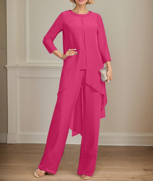 Separates Jumpsuit/Pantsuit Scoop Floor-Length Chiffon Mother of the Bride Dress With Sequins Beading