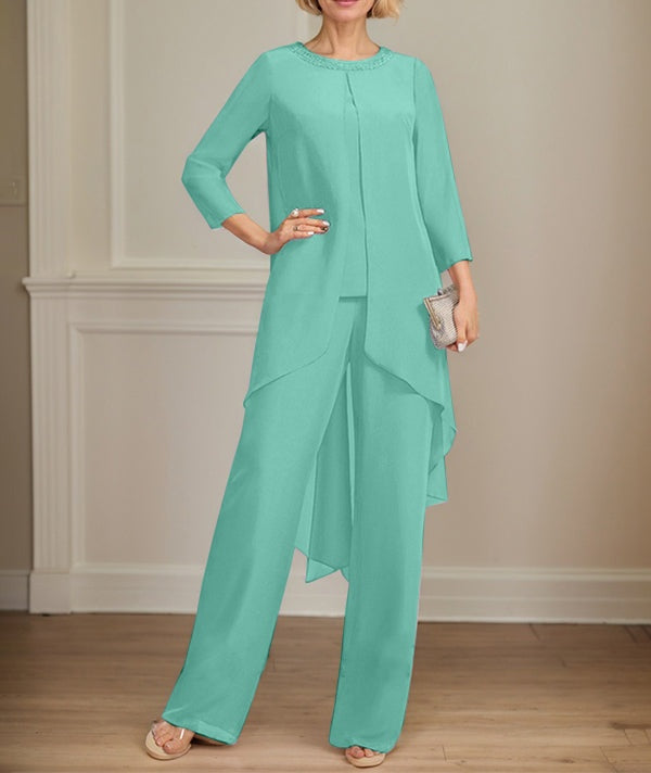 Separates Jumpsuit/Pantsuit Scoop Floor-Length Chiffon Mother of the Bride Dress With Sequins Beading
