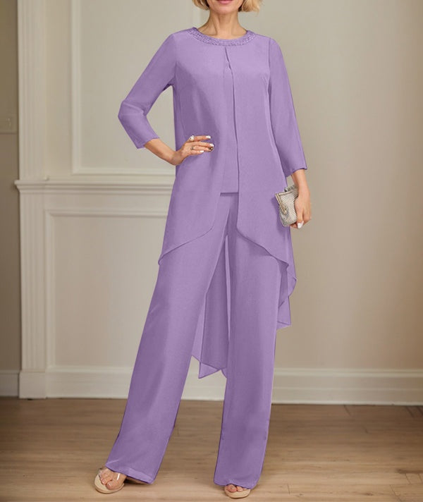 Separates Jumpsuit/Pantsuit Scoop Floor-Length Chiffon Mother of the Bride Dress With Sequins Beading