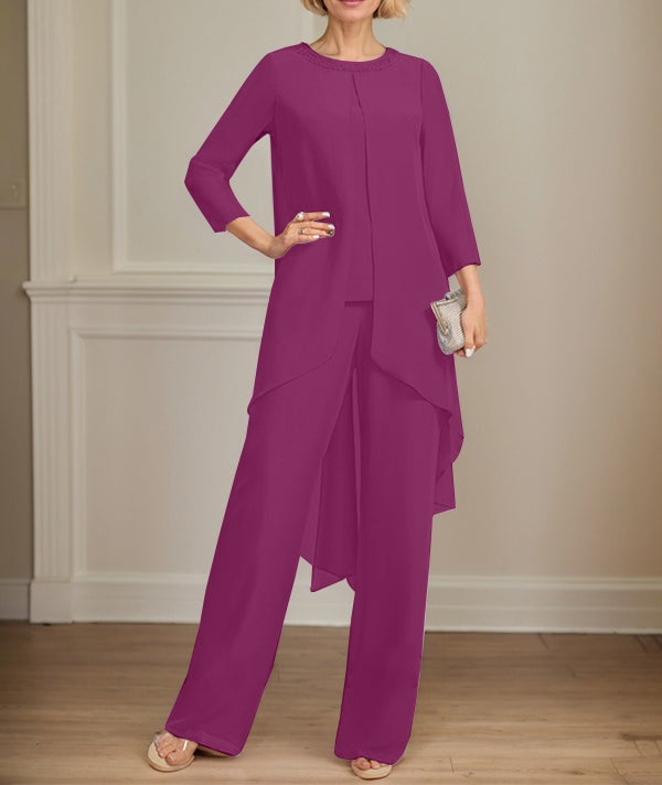 Separates Jumpsuit/Pantsuit Scoop Floor-Length Chiffon Mother of the Bride Dress With Sequins Beading