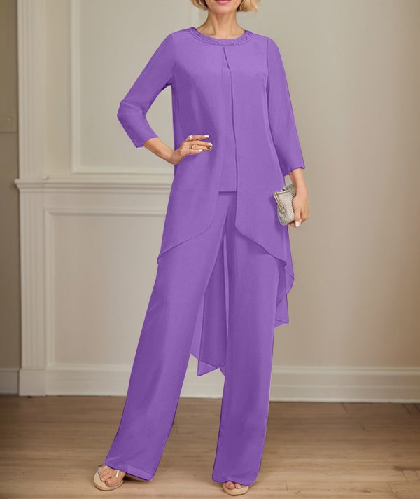 Separates Jumpsuit/Pantsuit Scoop Floor-Length Chiffon Mother of the Bride Dress With Sequins Beading
