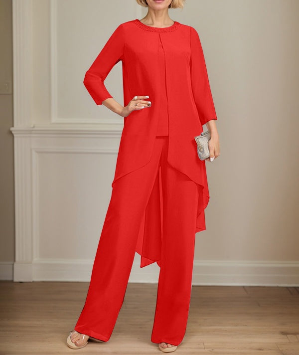 Separates Jumpsuit/Pantsuit Scoop Floor-Length Chiffon Mother of the Bride Dress With Sequins Beading