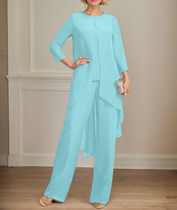 Separates Jumpsuit/Pantsuit Scoop Floor-Length Chiffon Mother of the Bride Dress With Sequins Beading