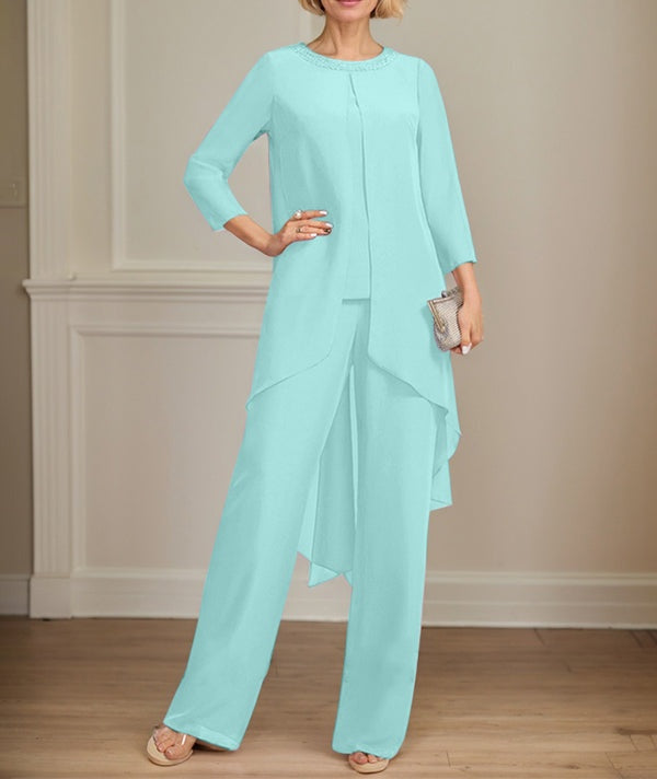 Separates Jumpsuit/Pantsuit Scoop Floor-Length Chiffon Mother of the Bride Dress With Sequins Beading