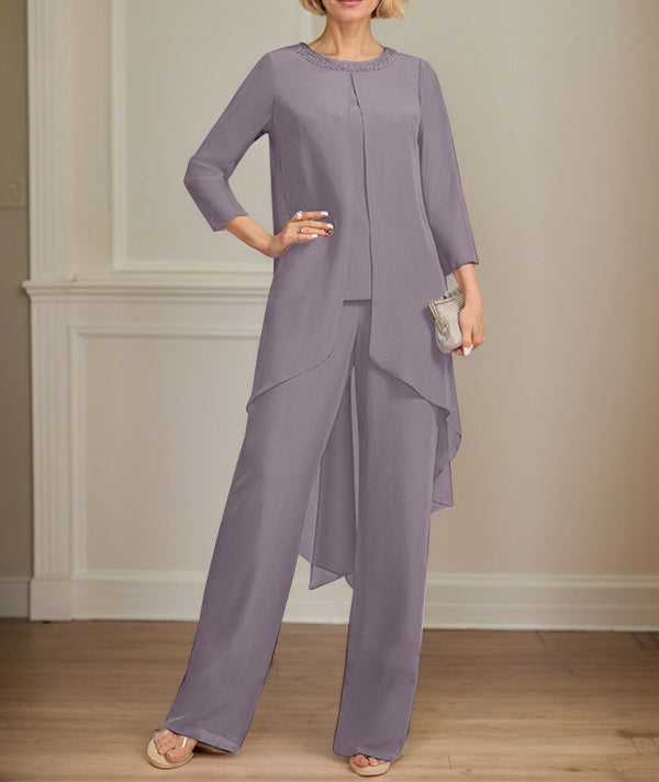 Separates Jumpsuit/Pantsuit Scoop Floor-Length Chiffon Mother of the Bride Dress With Sequins Beading