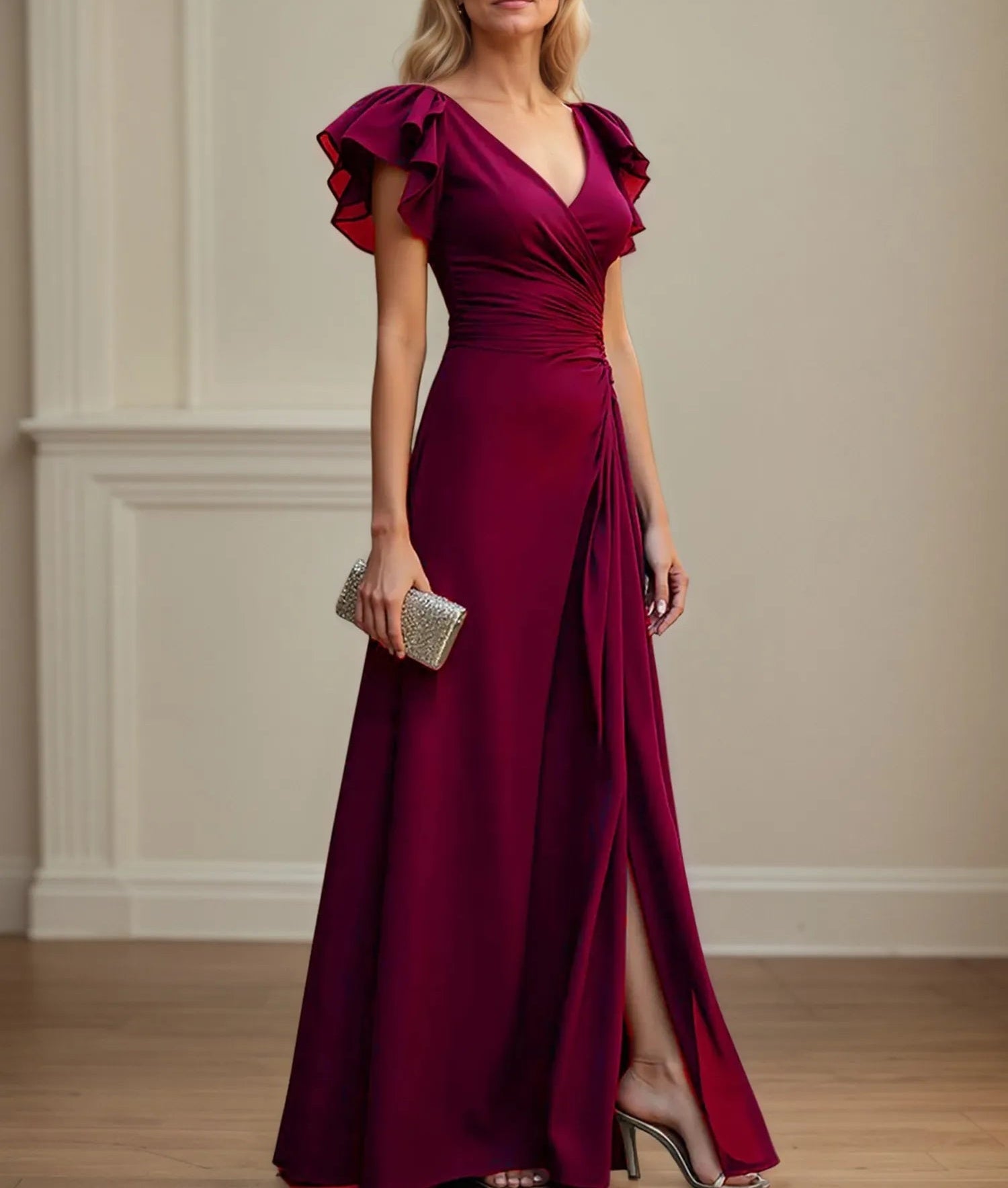 V Neck Ruched Chiffon A Line Mother of the Bride Dress