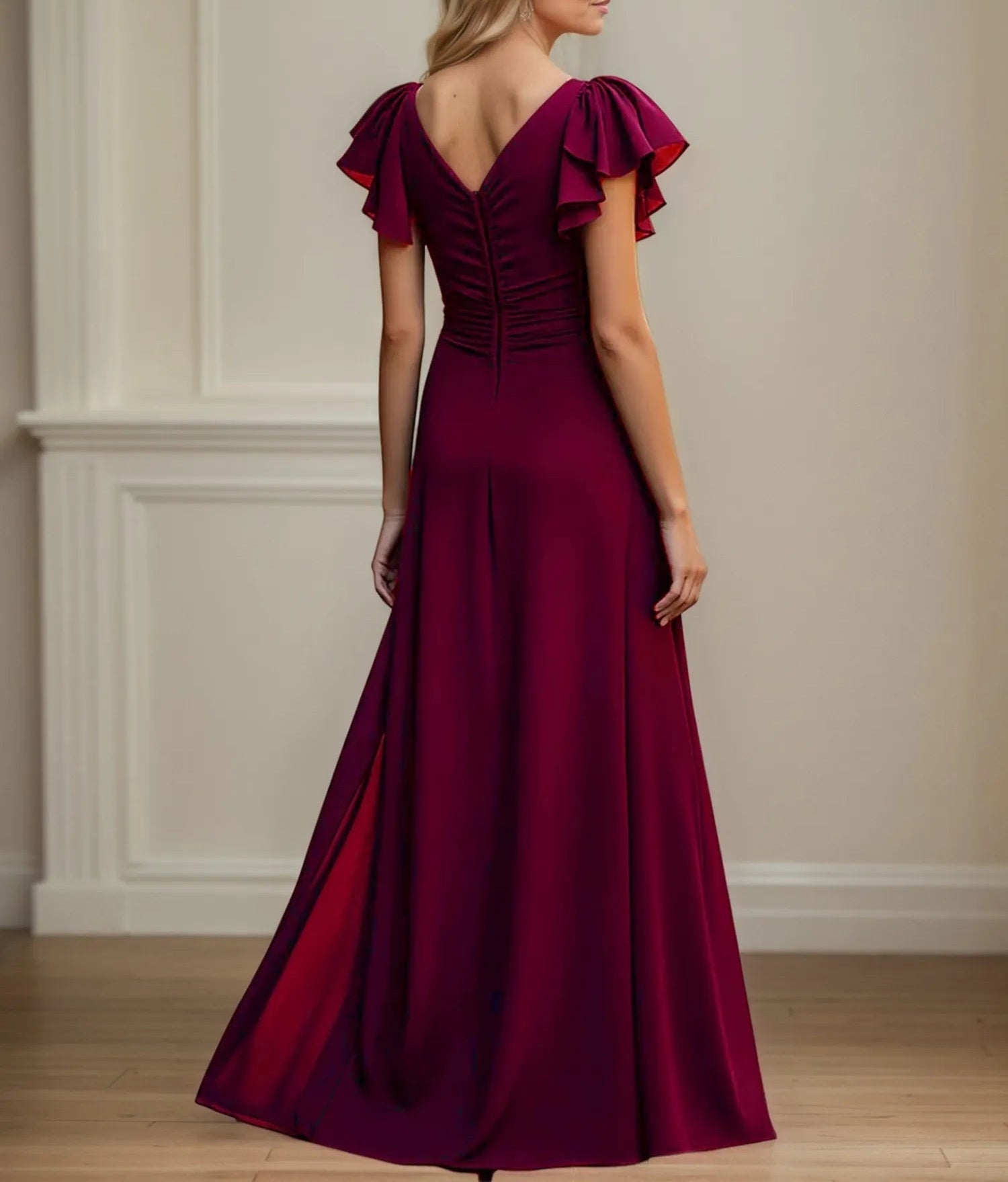 V Neck Ruched Chiffon A Line Mother of the Bride Dress