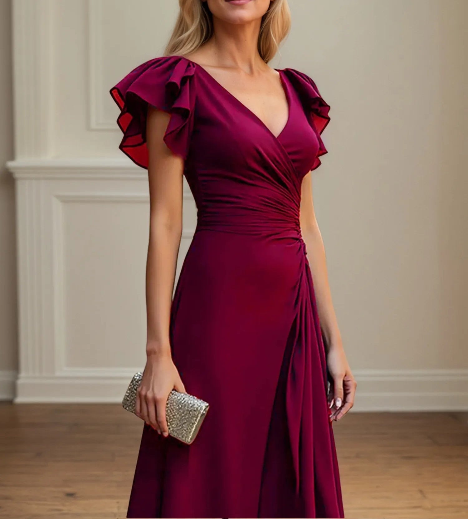 V Neck Ruched Chiffon A Line Mother of the Bride Dress