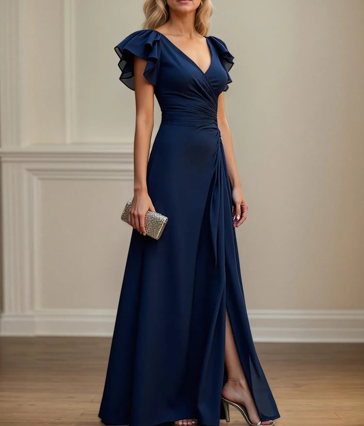 V Neck Ruched Chiffon A Line Mother of the Bride Dress