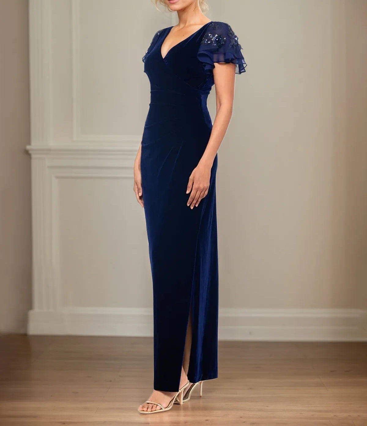 Sheath/Column Velvet V Neck Short Sleeve Floor Length Dress With Ruffles