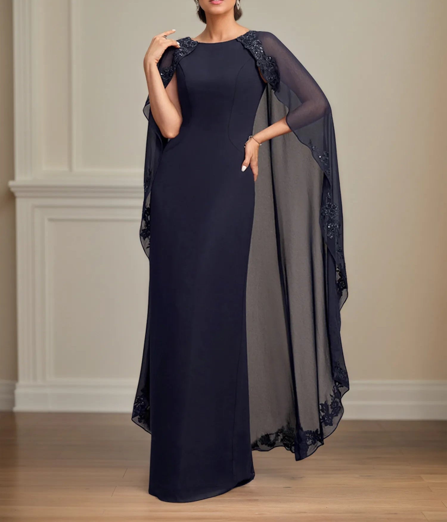 Sheath/Column Scoop Floor Length Chiffon Mother of the Bride Dress With Appliques Sequins
