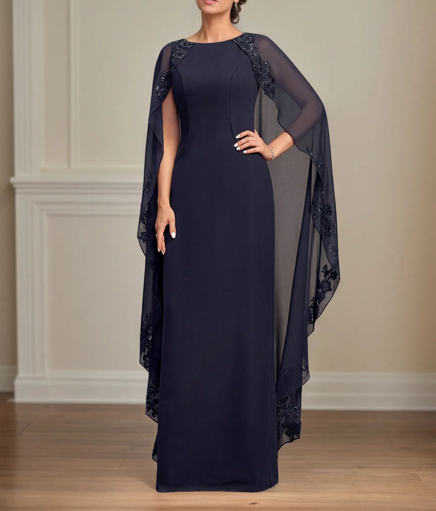 Sheath/Column Scoop Floor Length Chiffon Mother of the Bride Dress With Appliques Sequins