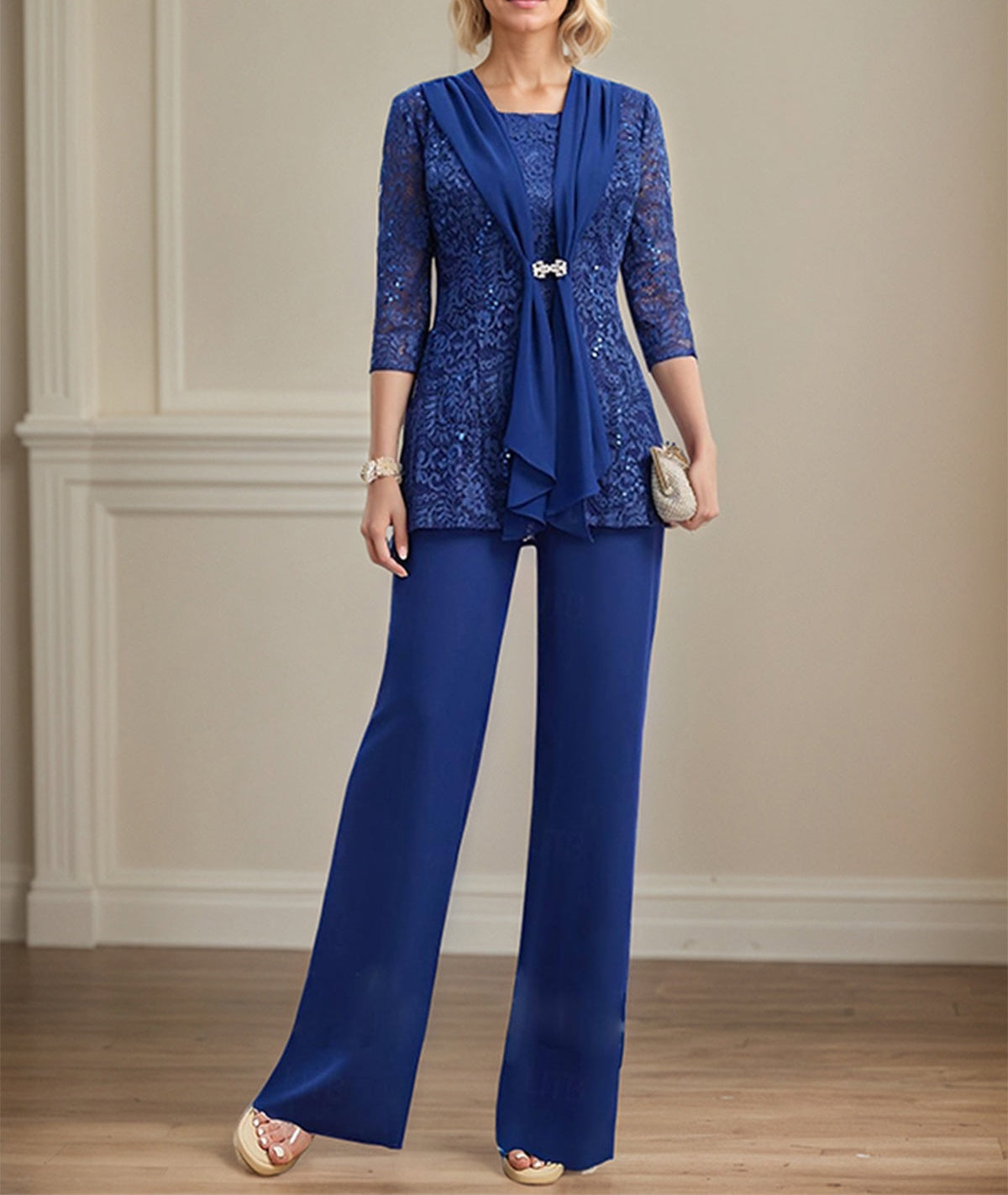 Pantsuits Separates Scoop Floor-Length Lace Chiffon Mother of the Bride Dress