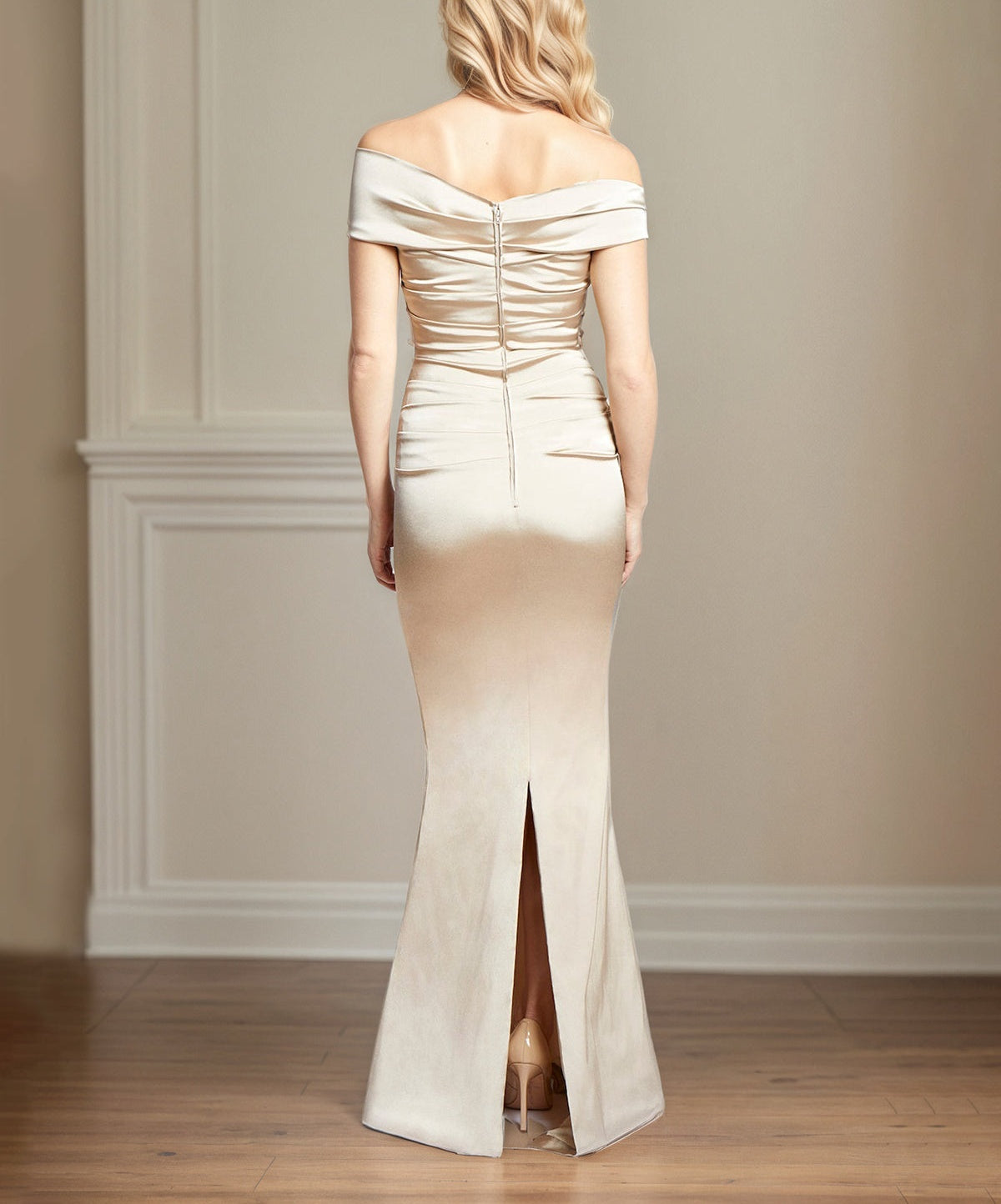 Champagne Satin Sheath/Column Off The Shoulder Floor Length Mother of the Bride Dresses