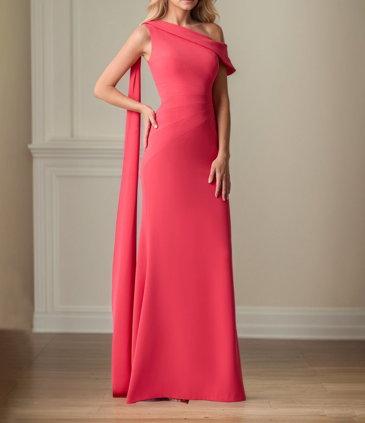Coral Stretch Crepe Sheath/Column One Shoulder Floor Length Mother of the Bride Dresses
