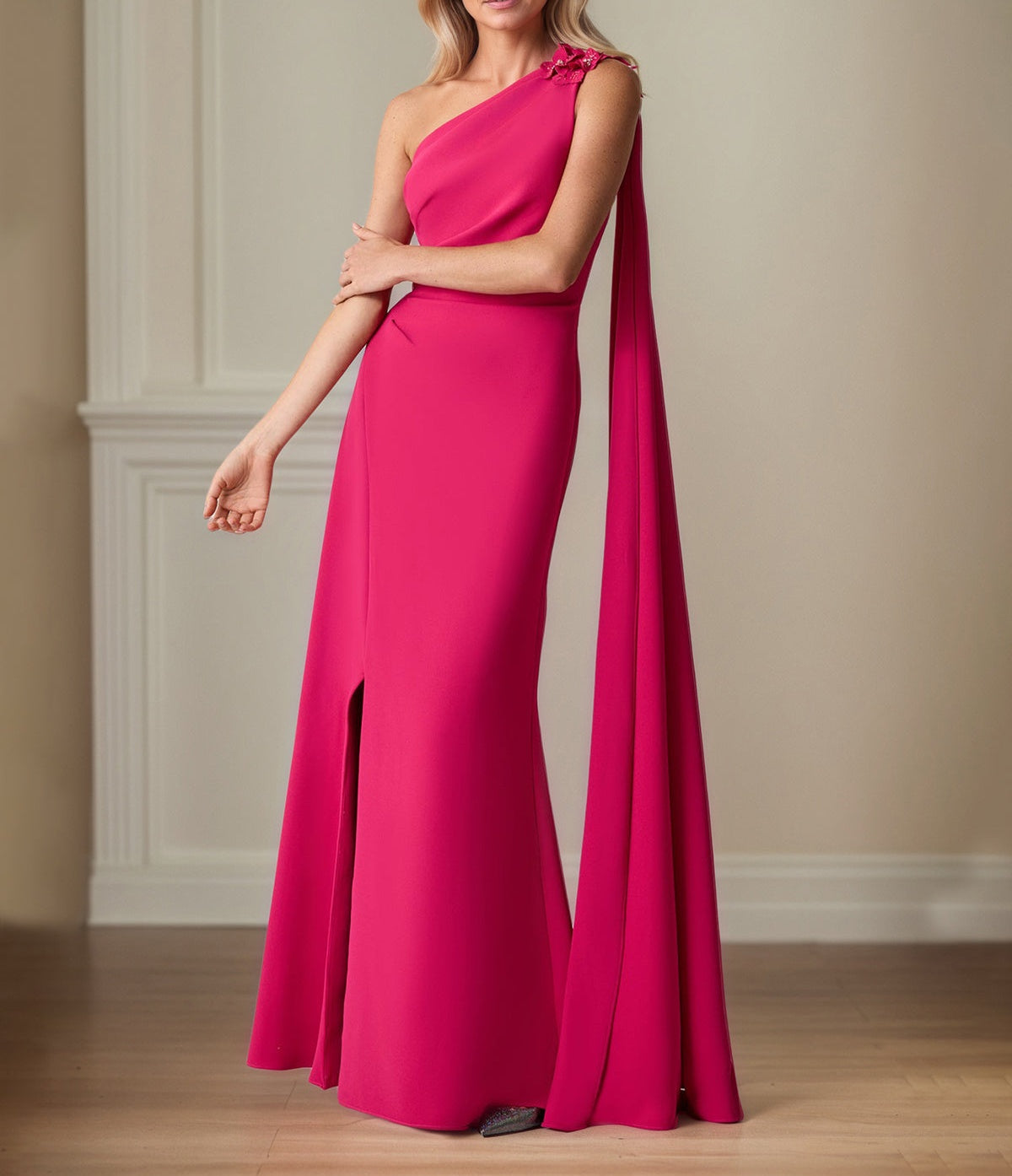Lipstick Stretch Crepe Sheath/Column One Shoulder Floor Length Mother of the Bride Dresses