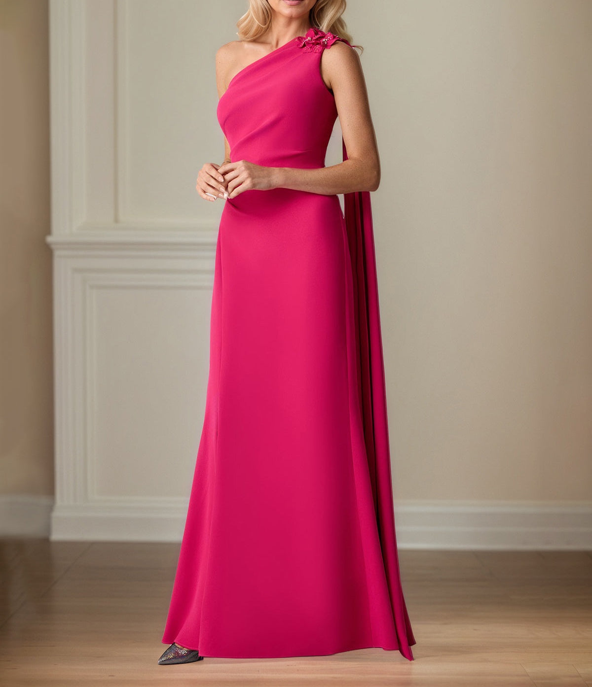 Lipstick Stretch Crepe Sheath/Column One Shoulder Floor Length Mother of the Bride Dresses