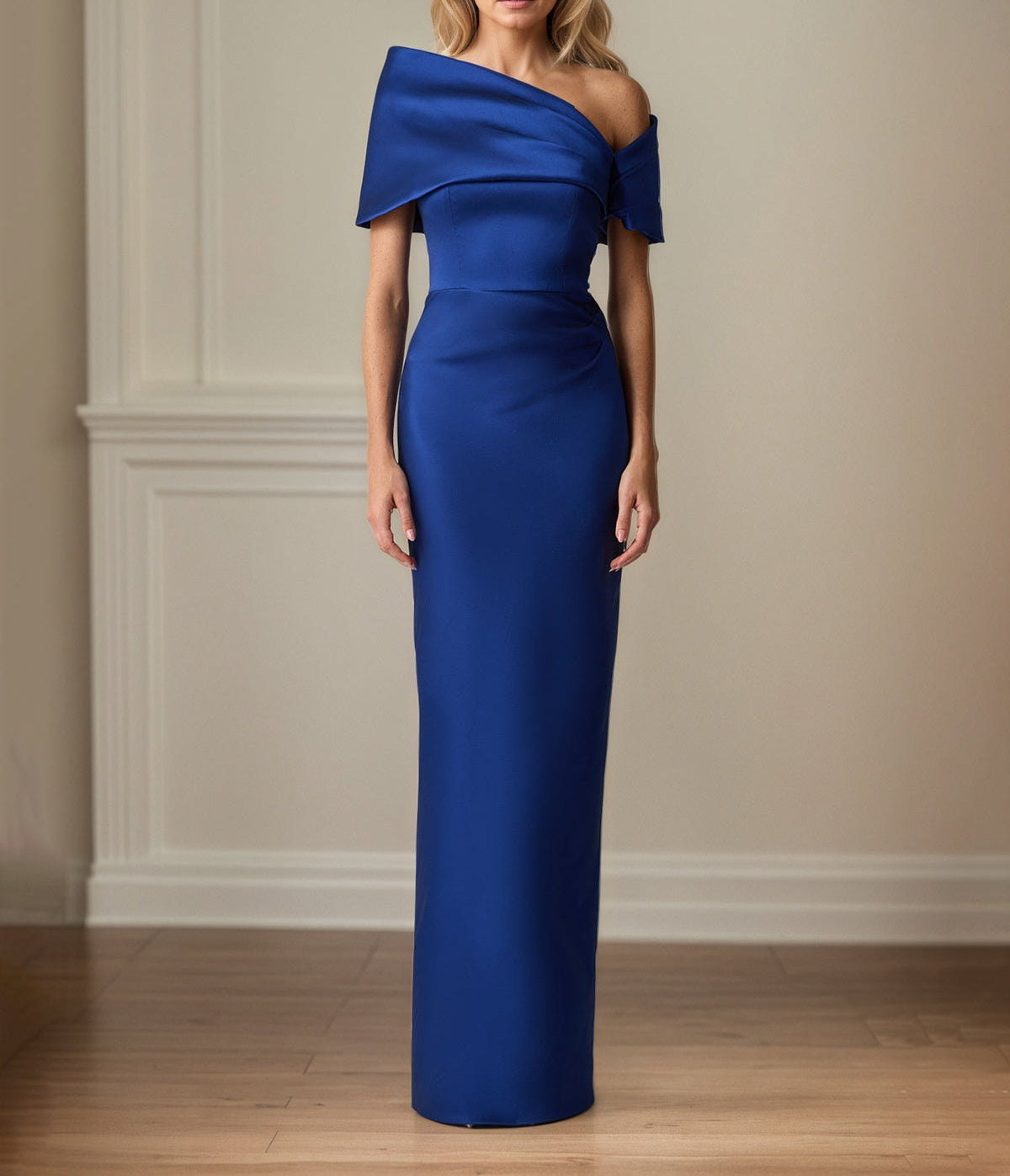 Royal Blue Satin Sheath/Column Off The Shoulder Floor Length Mother of the Bride Dresses