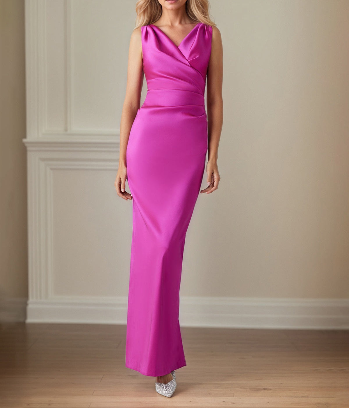 Raspberry Satin Sheath/Column V Neck Floor Length Mother of the Bride Dresses