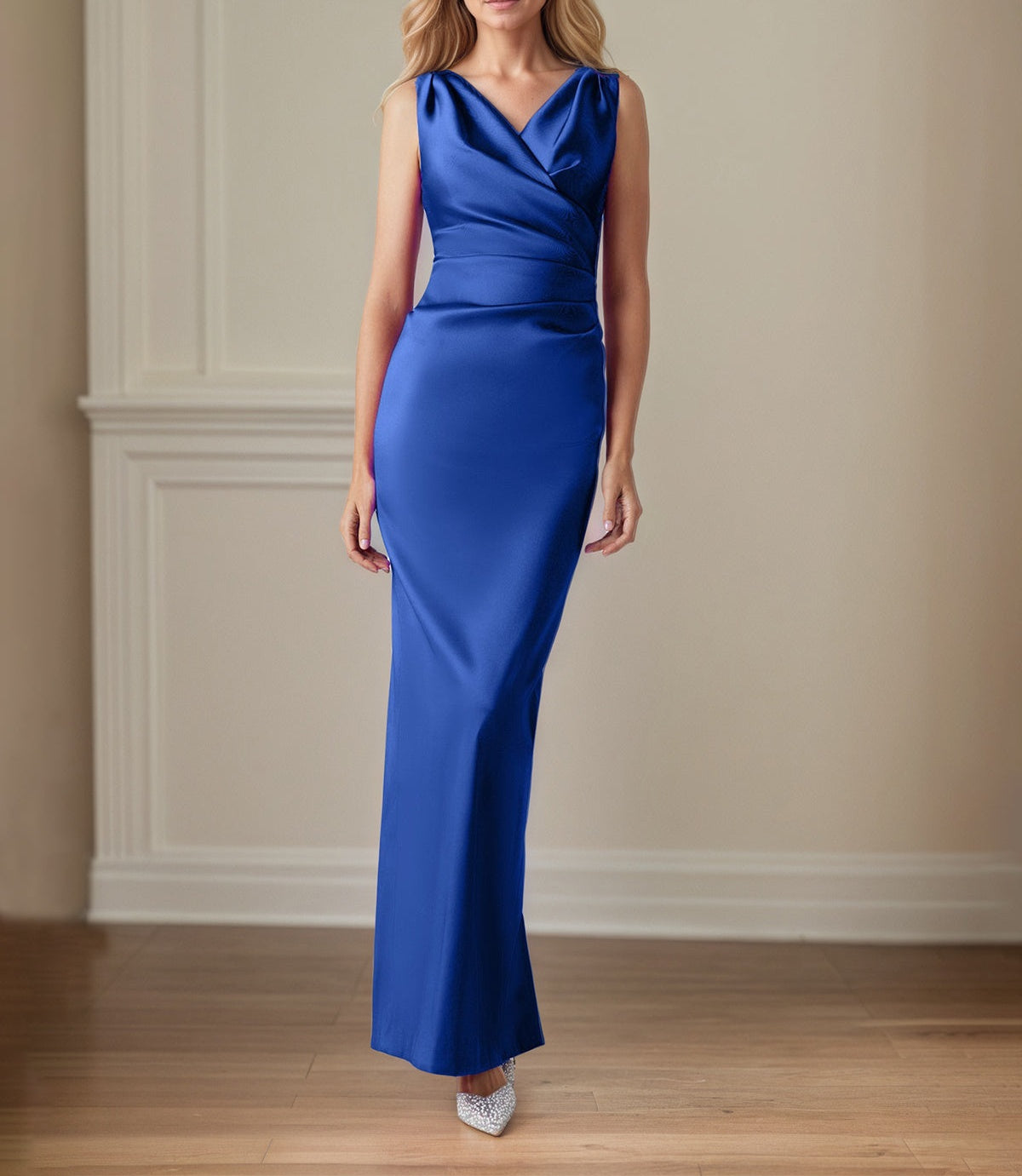 Sapphire Satin Sheath/Column V Neck Floor Length Mother of the Bride Dresses