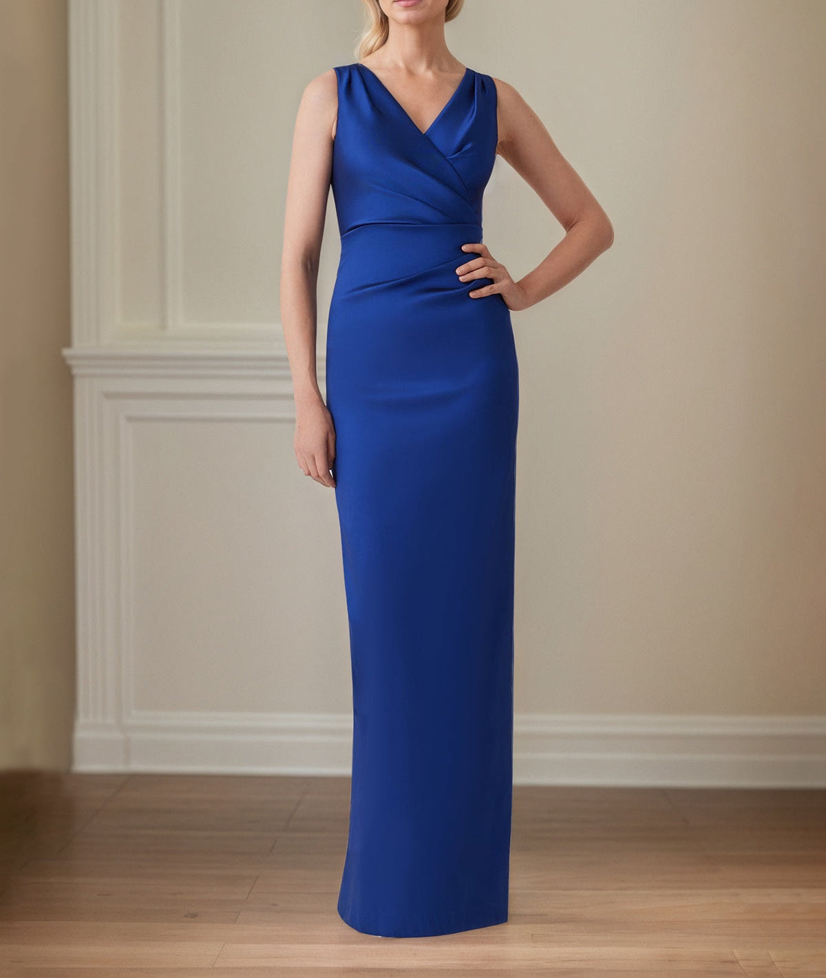 Sapphire Satin Sheath/Column V Neck Floor Length Mother of the Bride Dresses