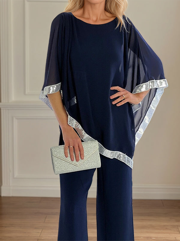 2 Piece Jumpsuit / Pantsuit Crew Neck Chiffon Mother of the Bride Dress