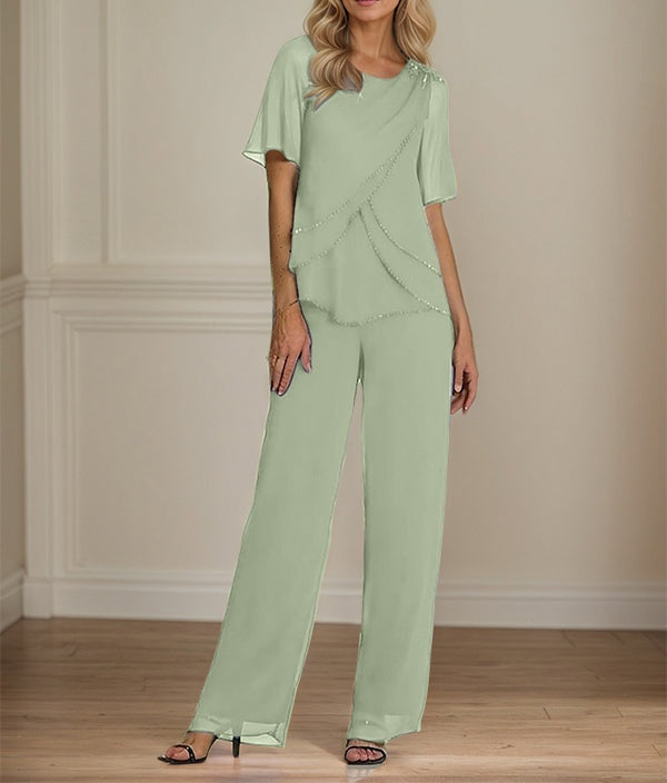 2 Piece Jumpsuit / Pantsuit Crew Neck Floor Length Chiffon Mother of the Bride Dress