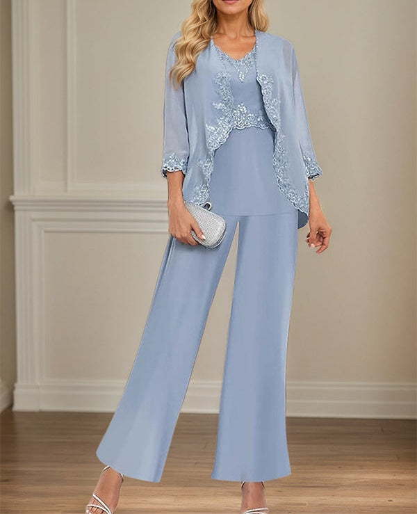 Elegant Simple Scoop Neck Floor Length Mother of the Bride Pantsuit Wedding Guest Dress