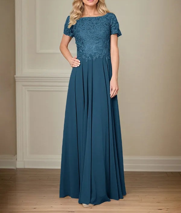 A Line Chiffon Boat Neck Short Sleeves Floor Length Pleated Mother of the Bride Dresses