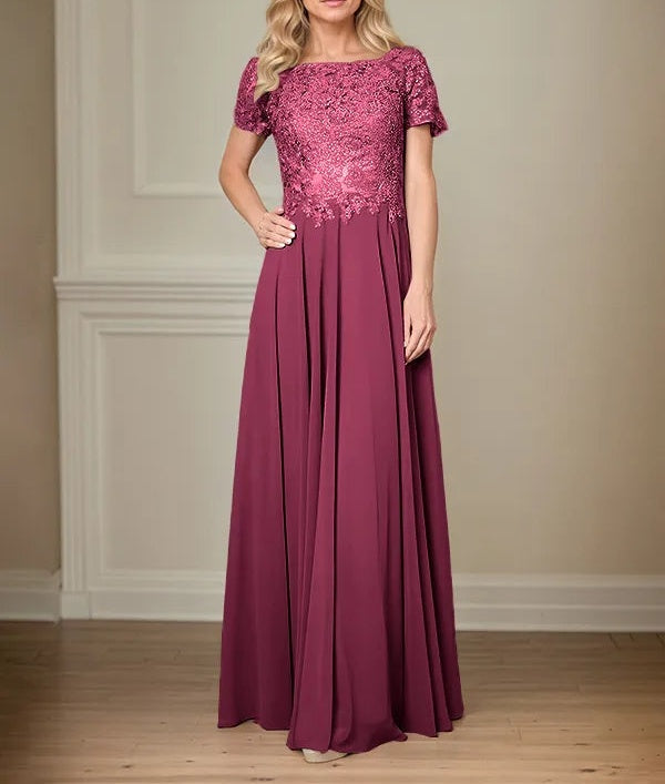 A Line Chiffon Boat Neck Short Sleeves Floor Length Pleated Mother of the Bride Dresses