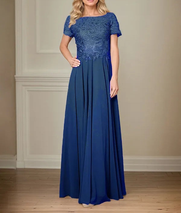 A Line Chiffon Boat Neck Short Sleeves Floor Length Pleated Mother of the Bride Dresses