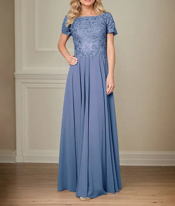 A Line Chiffon Boat Neck Short Sleeves Floor Length Pleated Mother of the Bride Dresses