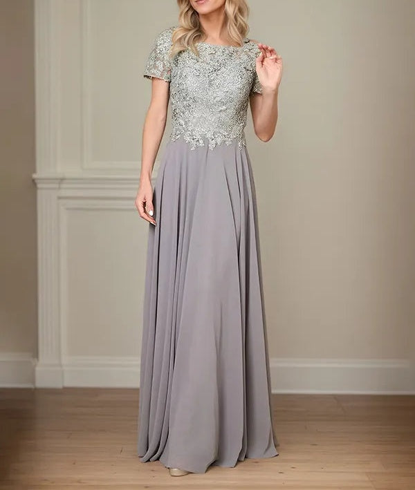 A Line Chiffon Boat Neck Short Sleeves Floor Length Pleated Mother of the Bride Dresses