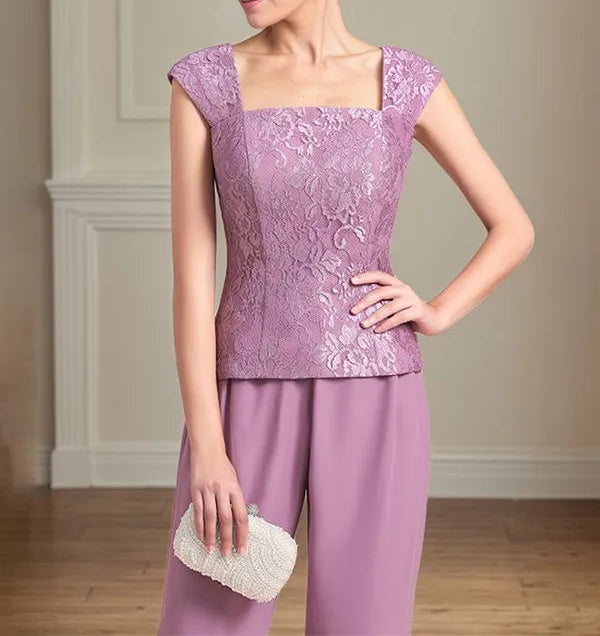 Chiffon Square Neck Sleeveless Floor Length Mother of the Bride Pantsuits