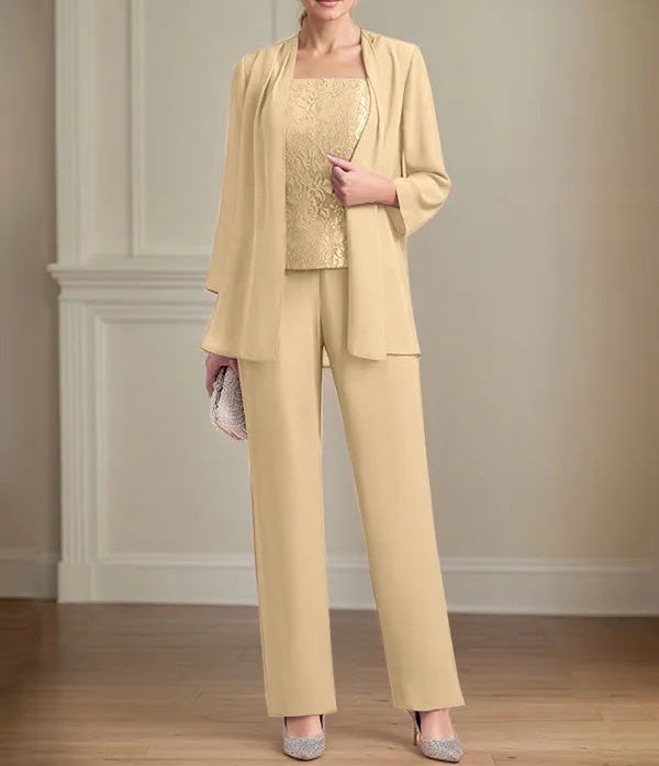 Chiffon Square Neck Sleeveless Floor Length Mother of the Bride Pantsuits