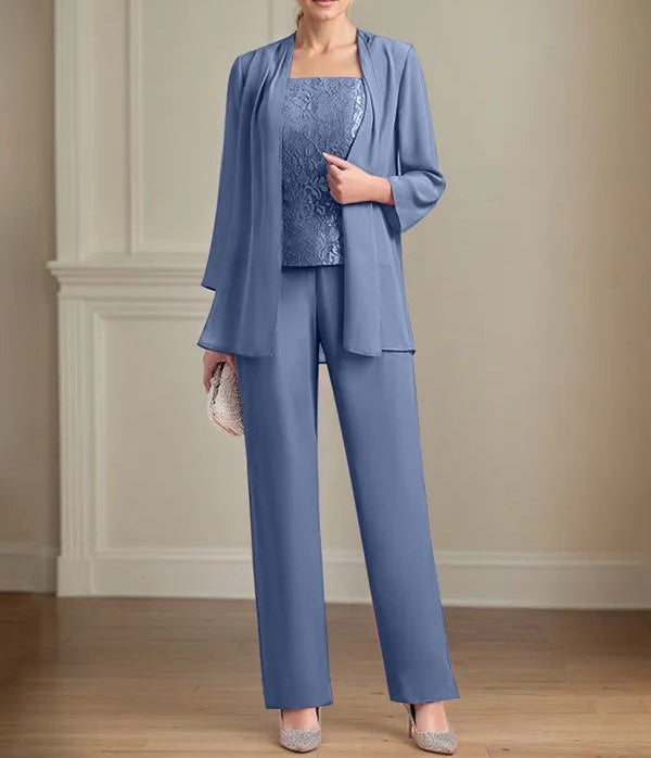 Chiffon Square Neck Sleeveless Floor Length Mother of the Bride Pantsuits
