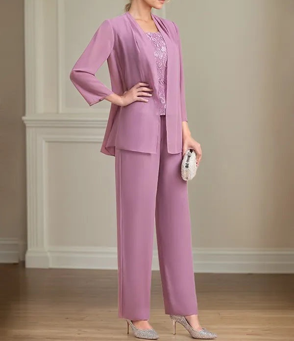 Chiffon Square Neck Sleeveless Floor Length Mother of the Bride Pantsuits