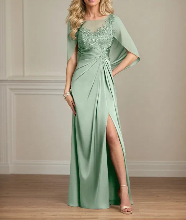 Sheath/Column Satin Scoop Neck Cap Sleeves Floor Length Mother Of The Bride Dresses
