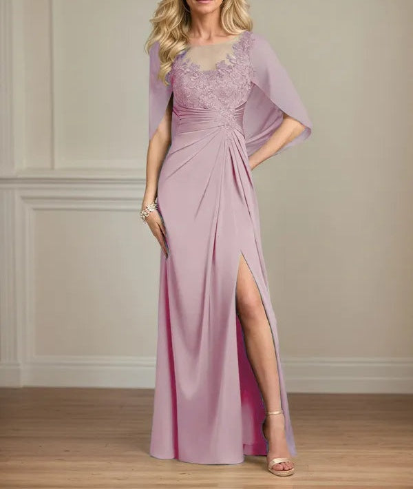 Sheath/Column Satin Scoop Neck Cap Sleeves Floor Length Mother Of The Bride Dresses