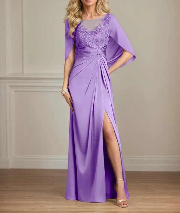 Sheath/Column Satin Scoop Neck Cap Sleeves Floor Length Mother Of The Bride Dresses