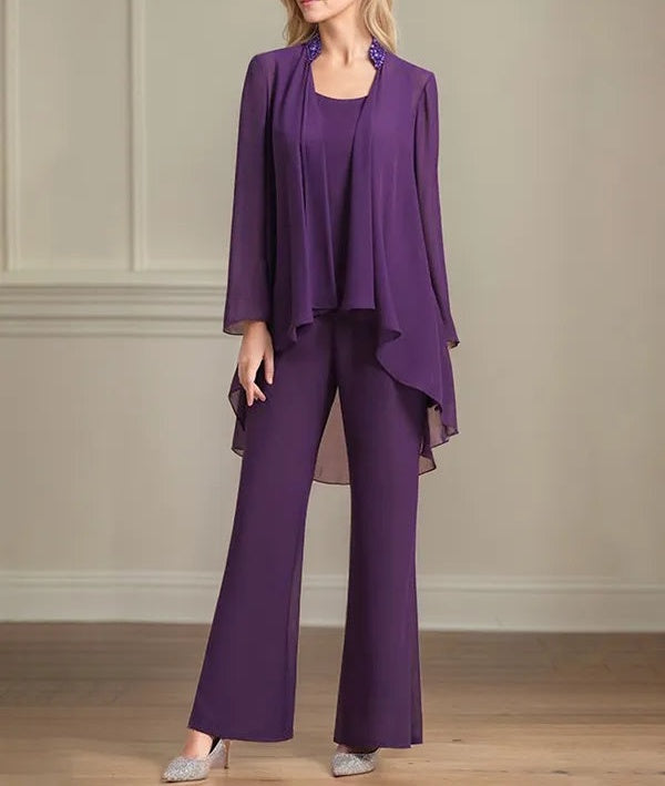 Chiffon Scoop Neck Long Sleeves Floor Length Mother Of The Bride Pantsuits