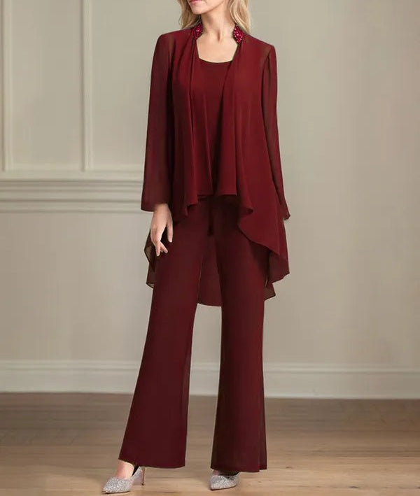 Chiffon Scoop Neck Long Sleeves Floor Length Mother Of The Bride Pantsuits
