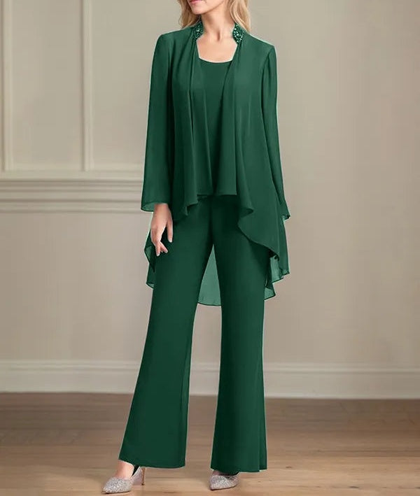 Chiffon Scoop Neck Long Sleeves Floor Length Mother Of The Bride Pantsuits